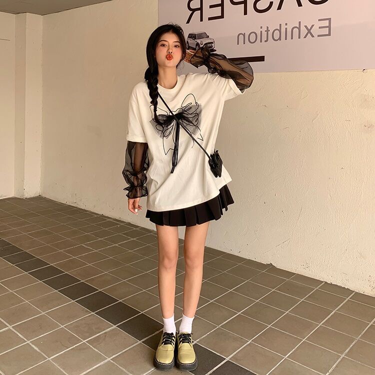 ZHELIHANGFEI Áo Sweater Tay Dài Phối Nơ Form Rộng Dễ Phối Đồ