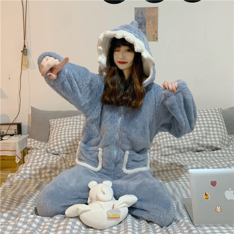 Bộ đầm ngủ + quần ngủ hình cá mập dễ thương thời trang mùa đông dành cho nữ (có bán lẻ) | BigBuy360 - bigbuy360.vn