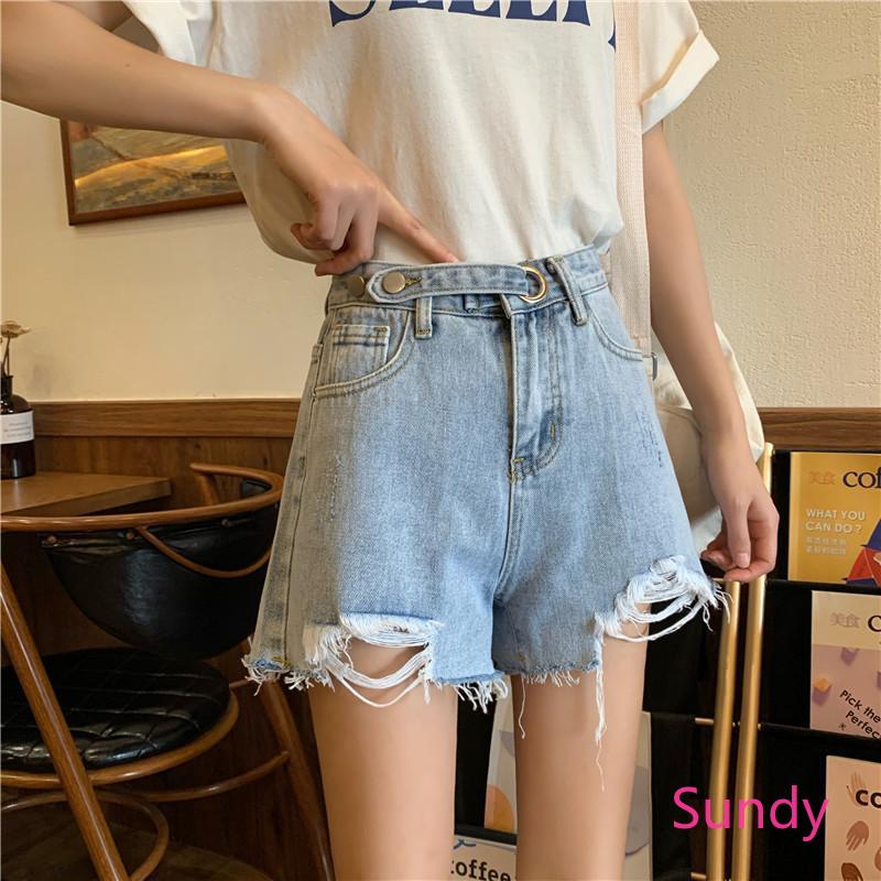 Quần short jean lưng cao dáng chữ A phối rách phong cách mùa hè thời trang cá tính cho nữ