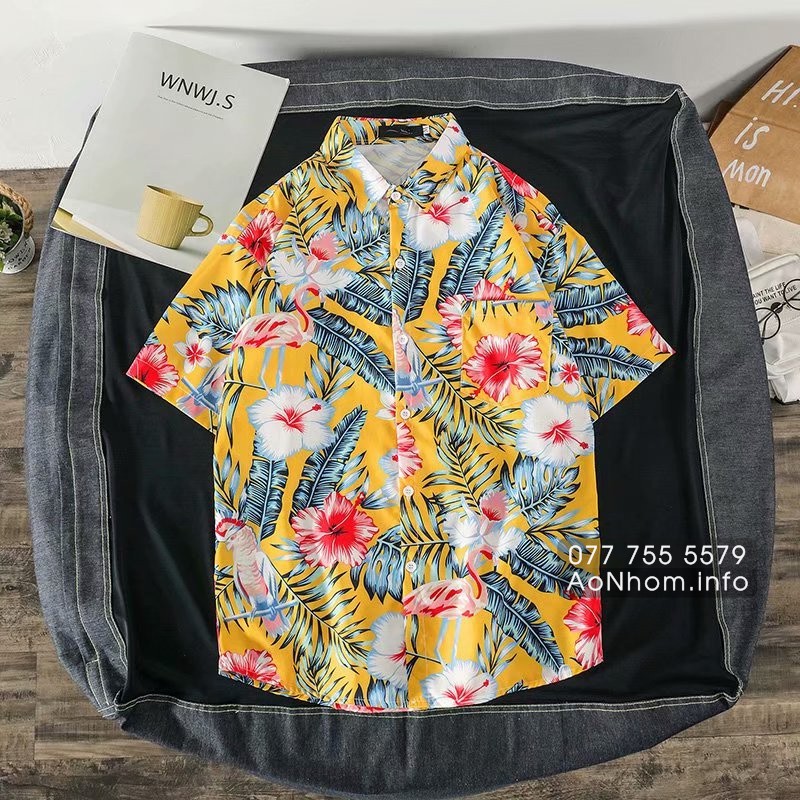 Áo sơ mi đi biển mềm mát - Chim hạc, Bông hoa dăm bụt - Đủ size Em Bé, S, M, L, XL, XXL, XXXL, có Bigsize trên 100kg