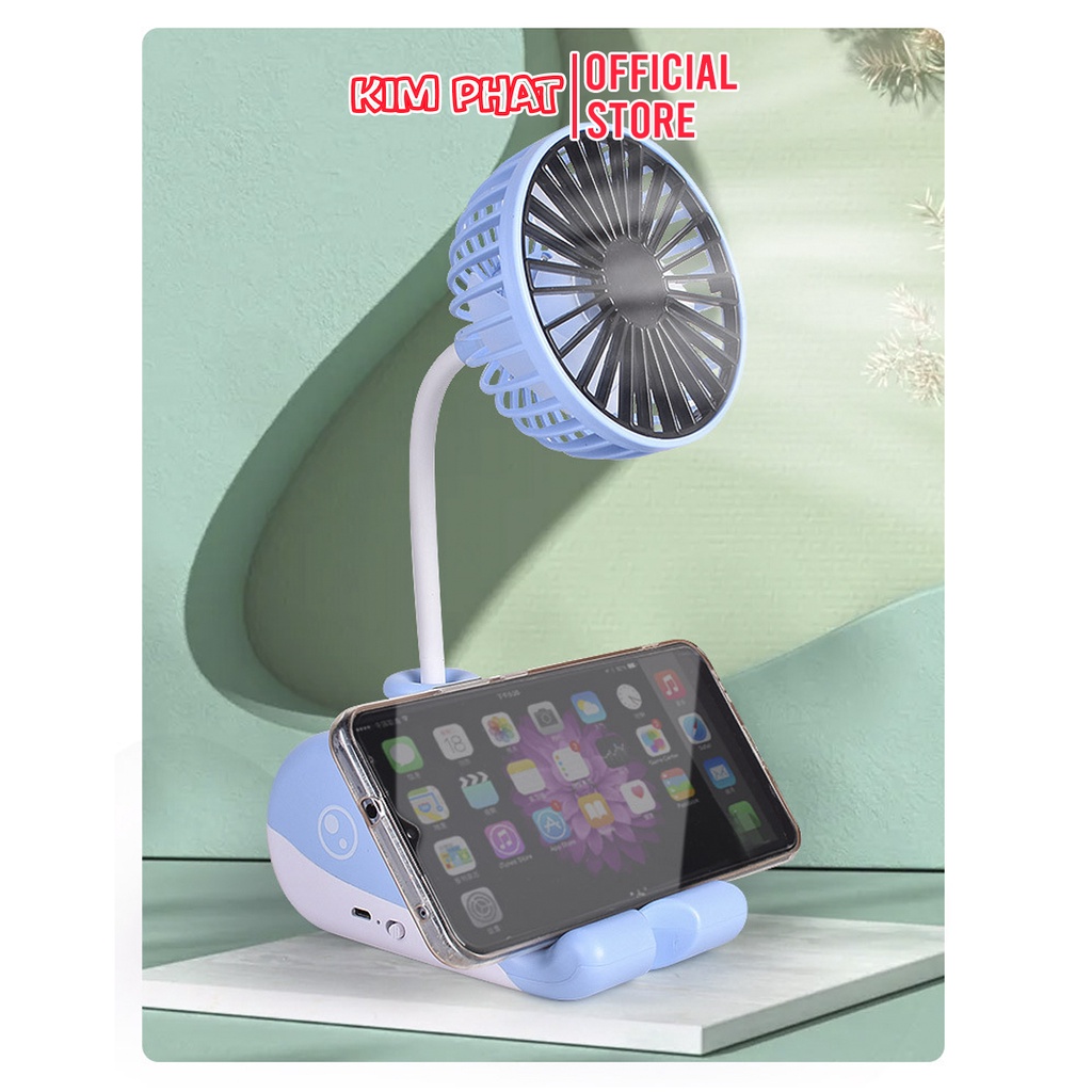 Quạt tích điện mini để bàn Chân Đế hình Cá Heo Để Điện Thoại xoay 180 độ Sạc USB FY6602F