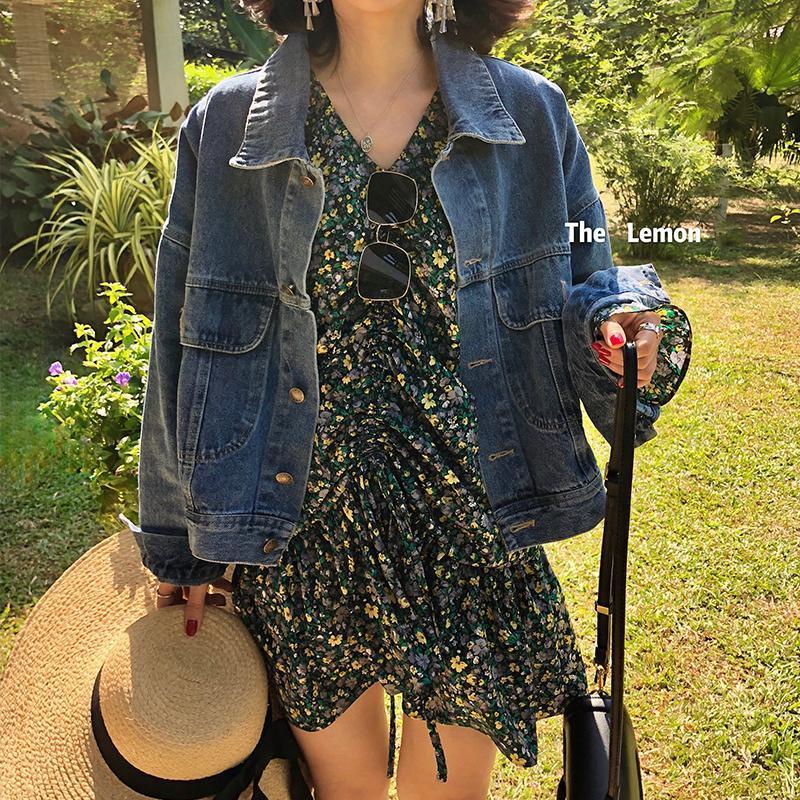 [Spot] Áo Khoác denim Xanh Dương Dáng Rộng Phong Cách Hàn Quốc Hồng Kông Cổ Điển 2022 Dễ Phối Đồ