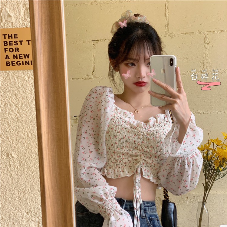 Áo voan Croptop dây rút hoa nhí HOT HIT siêu đẹp, siêu xinh