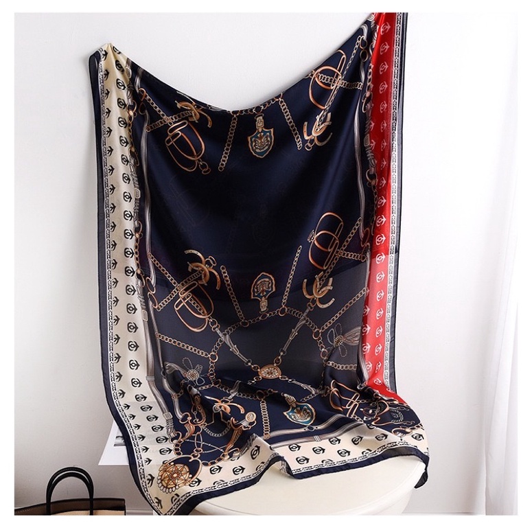 Khăn choàng cổ lụa in hoa văn dây xích cao cấp size 90x180cm - Maben