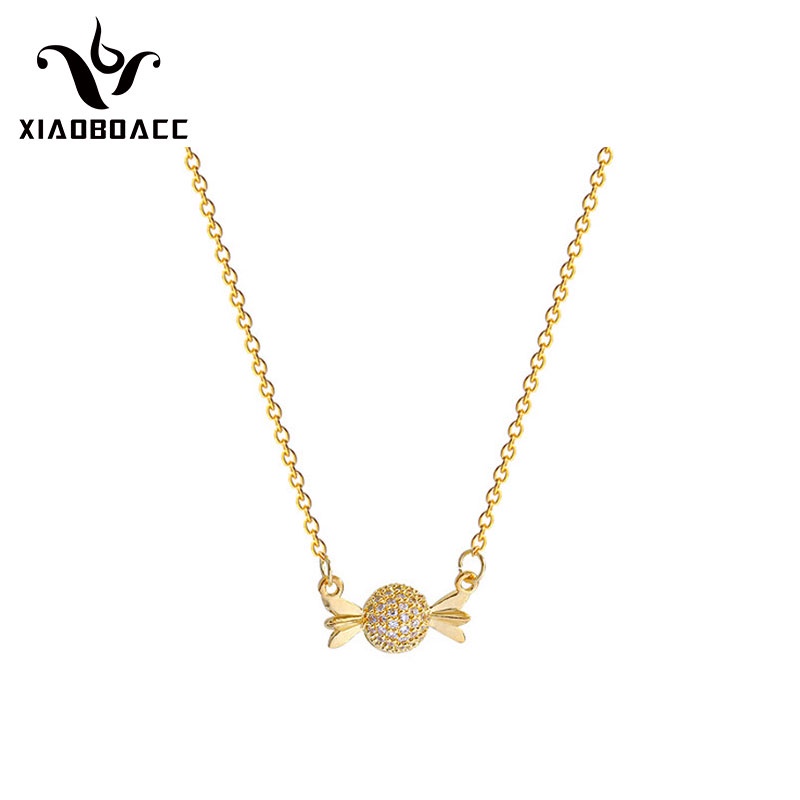 XiaoboACC Vòng cổ Bằng Thép Titan Mạ Vàng Mặt Hình Viên Kẹo Đính Đá Zircon - 38CM+6CM