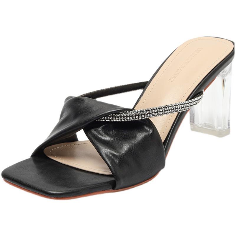 Dép Cao Gót Mũi Vuông Quai Trong Suốt Đính Đá Thời Trang Dành Cho Nữ 2022