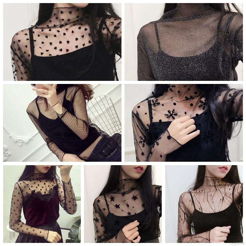 Sexy Blouse Long Sleeve Stand Collar Lace Shirt Mesh Net | BigBuy360 - bigbuy360.vn