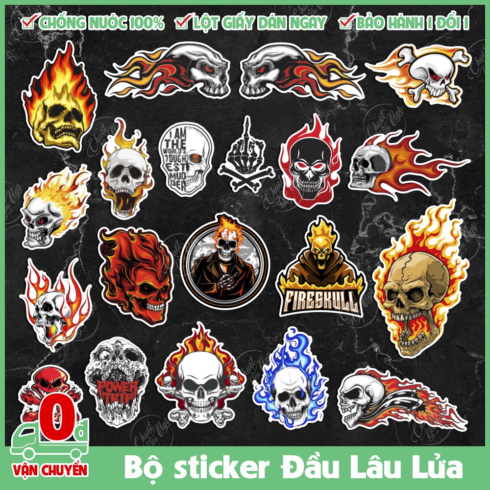 Bộ 20 sticker chủ đề Đầu Lâu LỬA chất lượng cao dán xe, laptop, vali, đàn guita,...