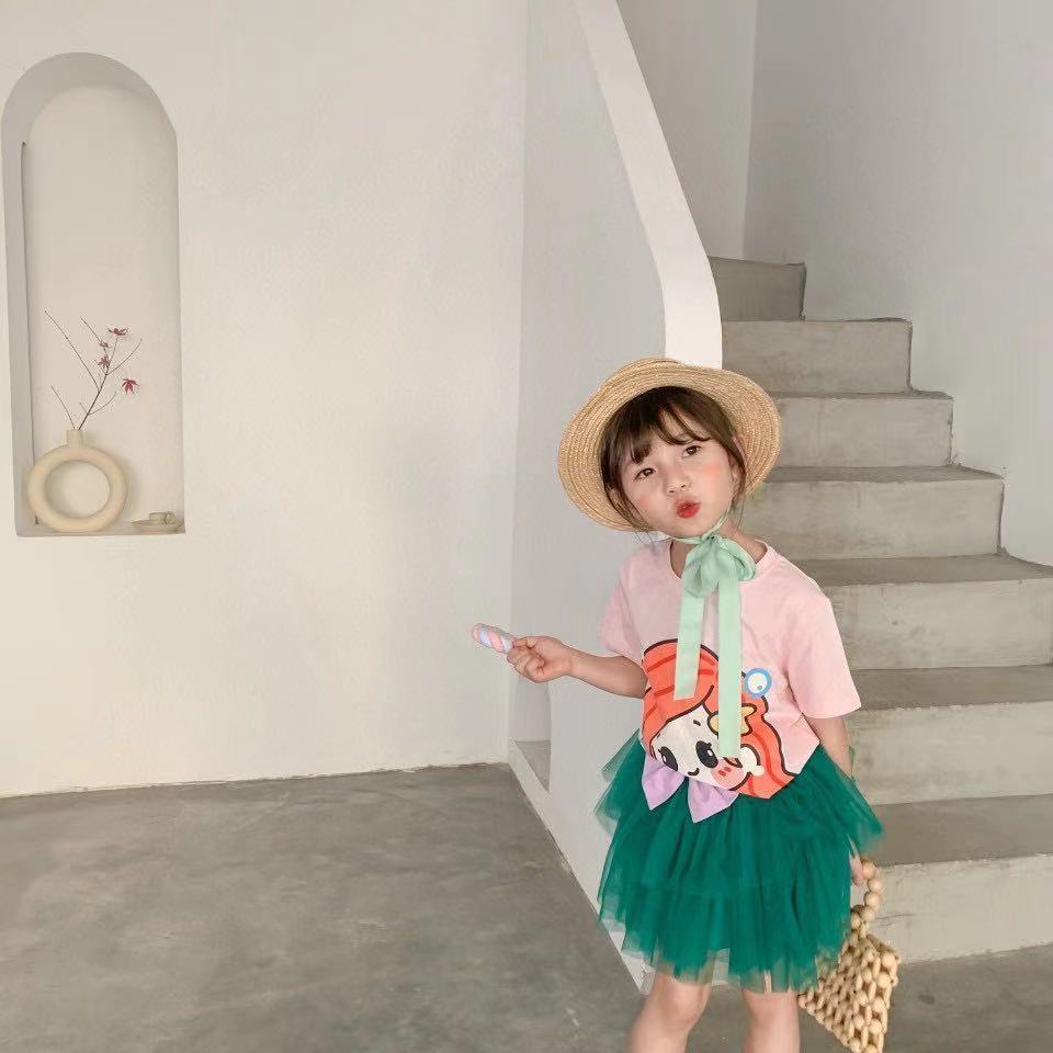 Bộ Áo Thun Tay Ngắn In Họa Tiết Hoạt Hình + Chân Váy Lưới Nơ Thời Trang Mùa Hè Hàn Quốc Dành Cho Nữ 2023