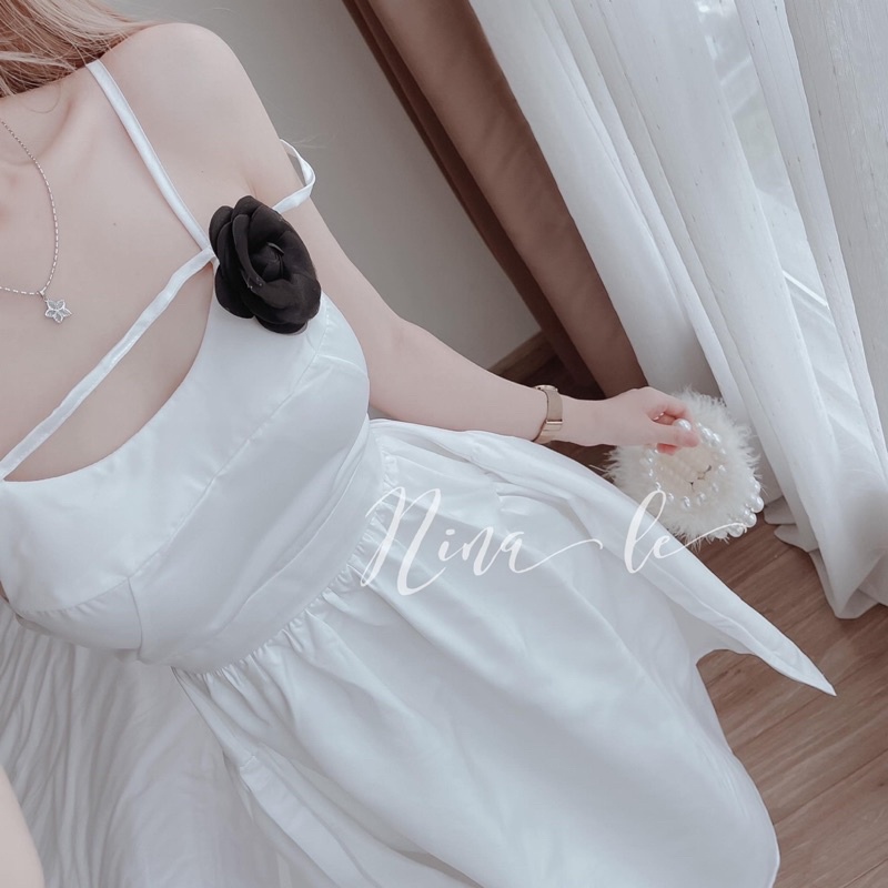 ĐẦM MIDI 2 DÂY CÀI BÔNG ĐEN 1 BÊN