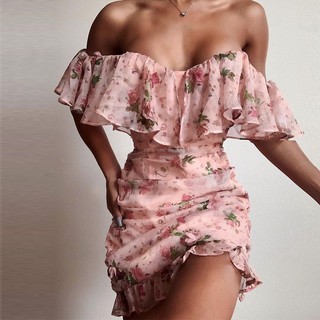 Sexy Strapless Flower Print Peplum Dress Women Casual Mini Dress