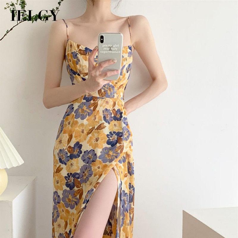 Đầm IELGY hoa không tay xẻ tà nhấn eo phong cách retro Pháp