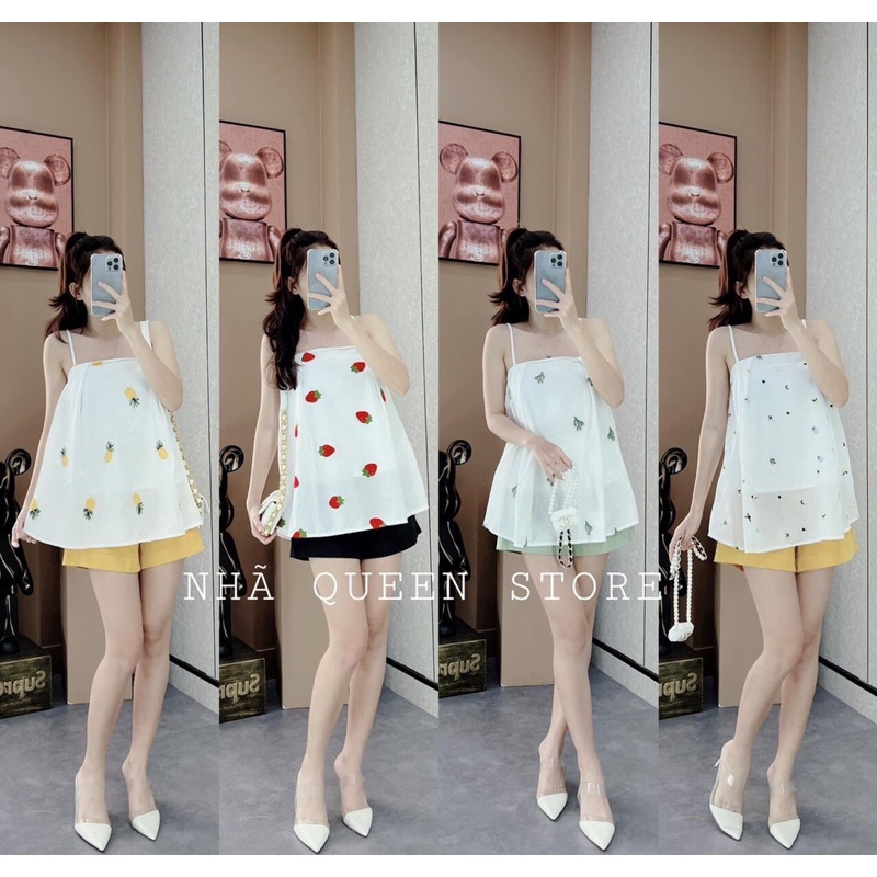 Set aos 2 dây hoa quả mix quần sooc đùi nhiều màu chất thô đũi Bộ 2s hở vai