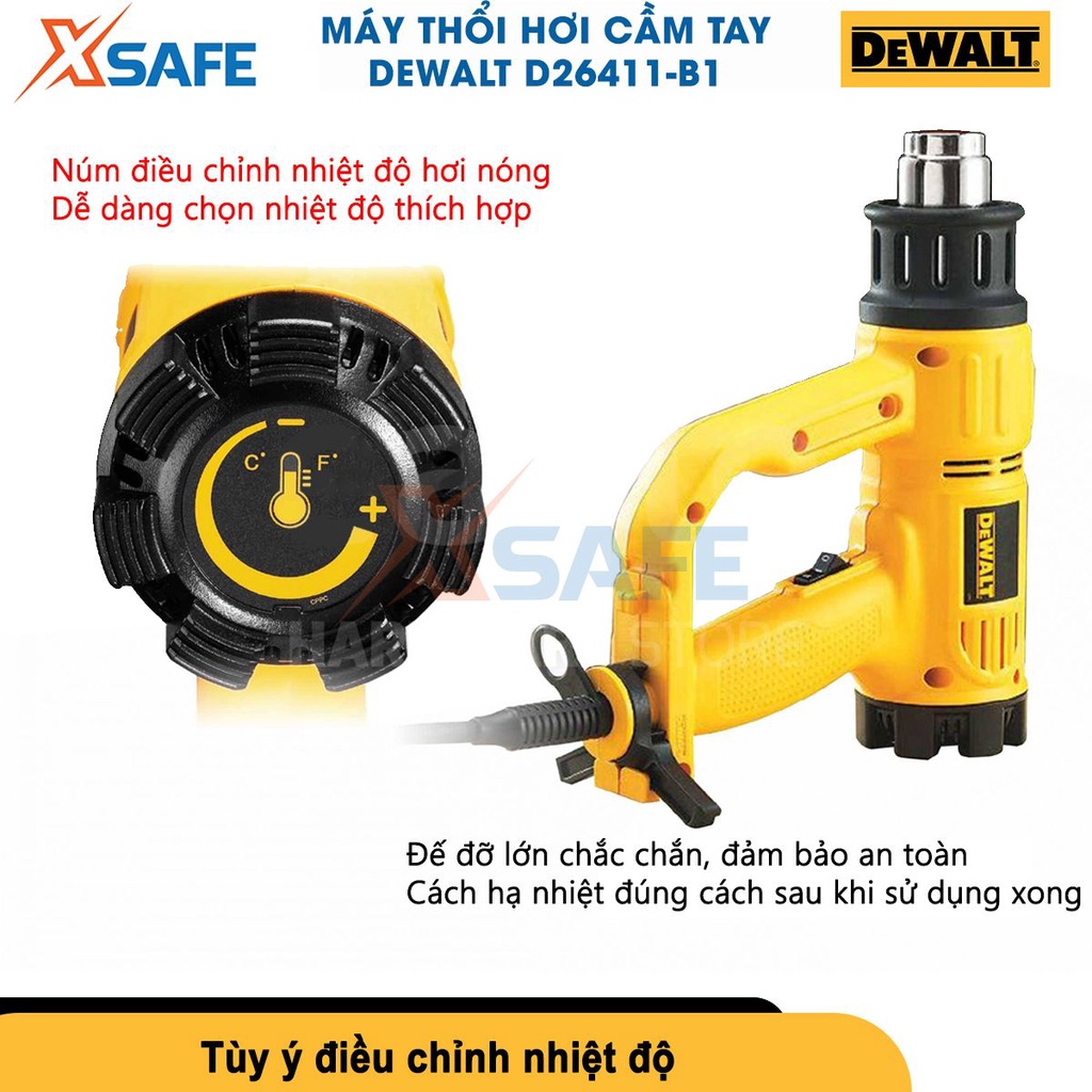 Máy khò màng co DEWALT D26411-B1 1800W, có nút điều chỉnh nhiệt độ 50-600°C,kèm 2 đầu ống tròn và dẹp[CHÍNH HÃNG][XSAFE]