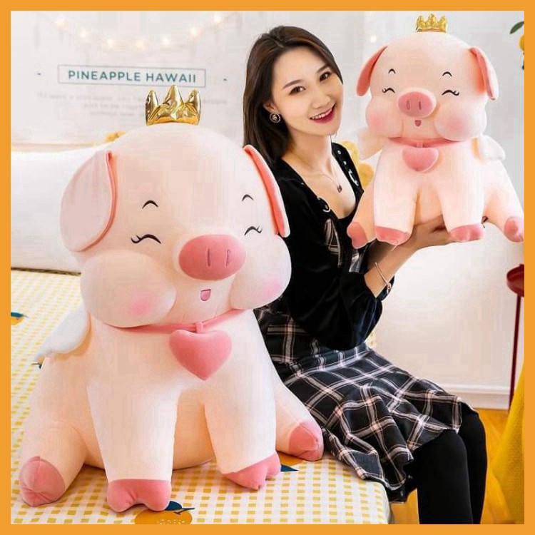 Heo gấu bông to dễ thương cute giá rẻ lợn đội vương miện đeo chuông tim size 55cm 75cm