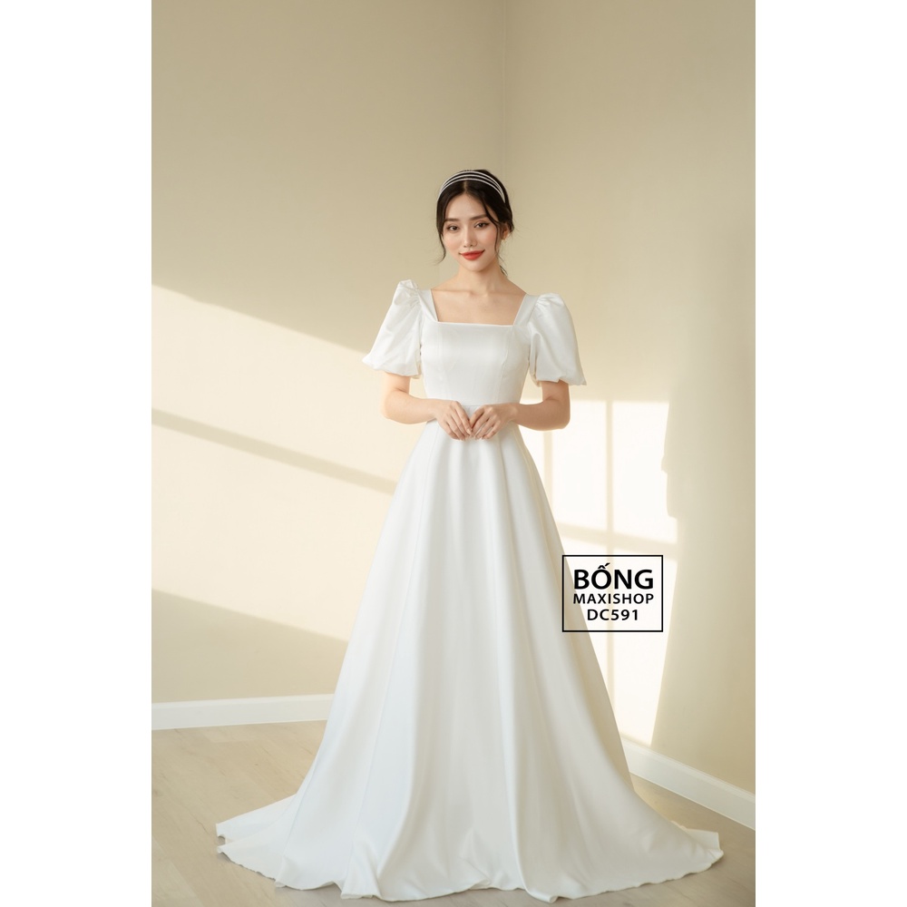 Váy cưới lụa 2 da tay bí cổ vuông DC591