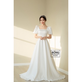Váy cưới lụa 2 da tay bí cổ vuông DC591