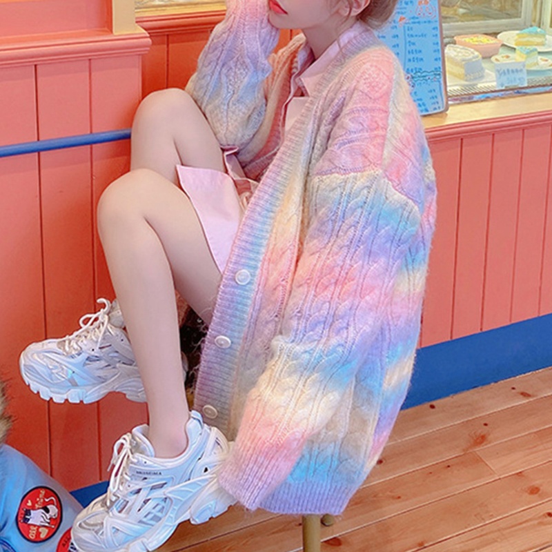 Xiangbao Áo Khoác Cardigan Dệt Kim Dài Đến Đầu Gối Dáng Rộng Cài Nút Màu Cầu Vồng Phía Trước Cho Nữ