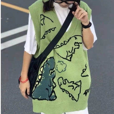 Áo gile len Sát Nách Dáng Rộng Cổ Chữ Hoạt Hình Khủng Long