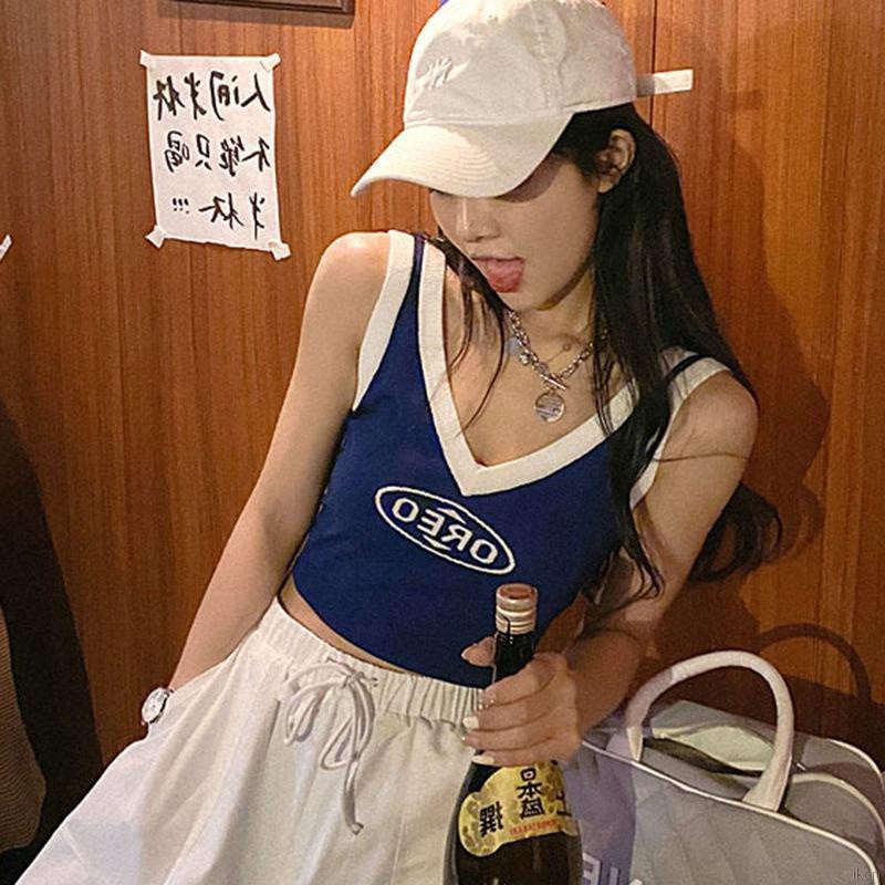 Áo tank top dệt kim cổ chữ v in chữ phối màu tương phản quyến rũ cho nữ