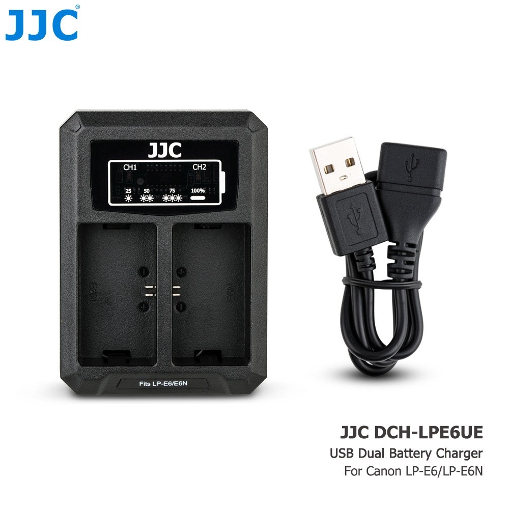 Bộ sạc pin máy ảnh JJC cổng USB cho Canon LP-E6 LP-E6N EOS R R5 R6 R7 90D 80D 70D 60D 60Da 6D Mark II 7D Mark II 5D