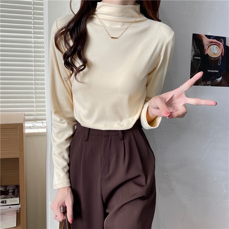 SUXI Áo thun tay dài cổ cao dáng ôm thời trang mùa thu mới dễ phối đồ cho nữ