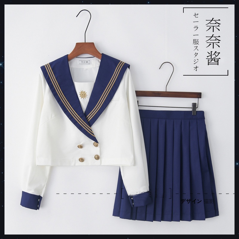 Seifuku/ Set váy đồng phục học sinh Nhật Bản: áo cổ thủy thủ thêu mặt trời + chân váy xòe xếp ly