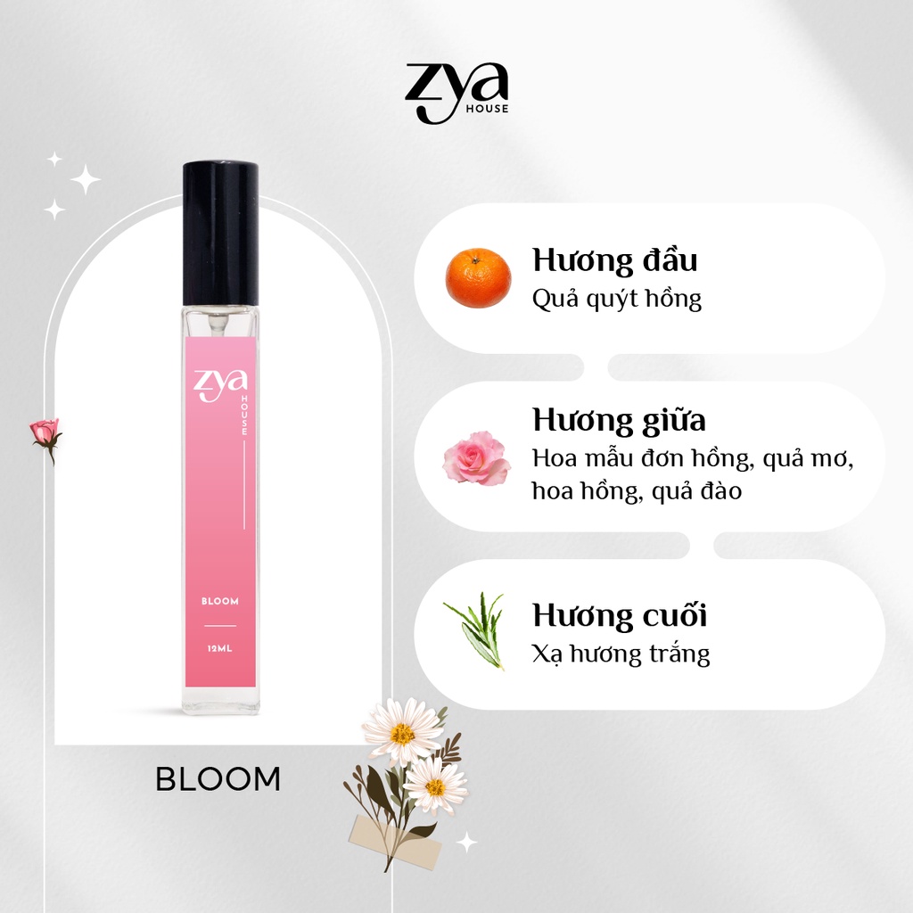 Nước hoa nữ Zya Bloom hương thơm hoa cỏ, nhẹ nhàng, tinh tế, dung tích 10ml