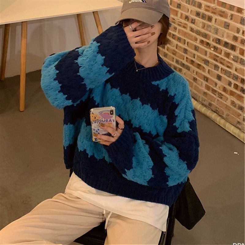 Áo sweater dệt kim mềm mại họa tiết kẻ sọc màu tương phản phong cách HànQuốc