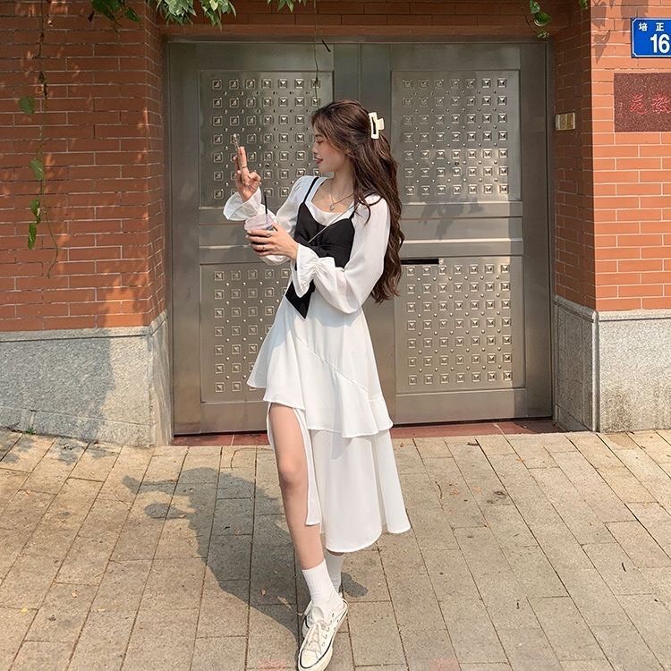 Váy retro vintage cổ vuông lệch tà dáng dài tay bồng xinh xắn/ Váy nữ dáng xòe tiểu thư buộc nơ ngực dễ thương_ranstore | BigBuy360 - bigbuy360.vn