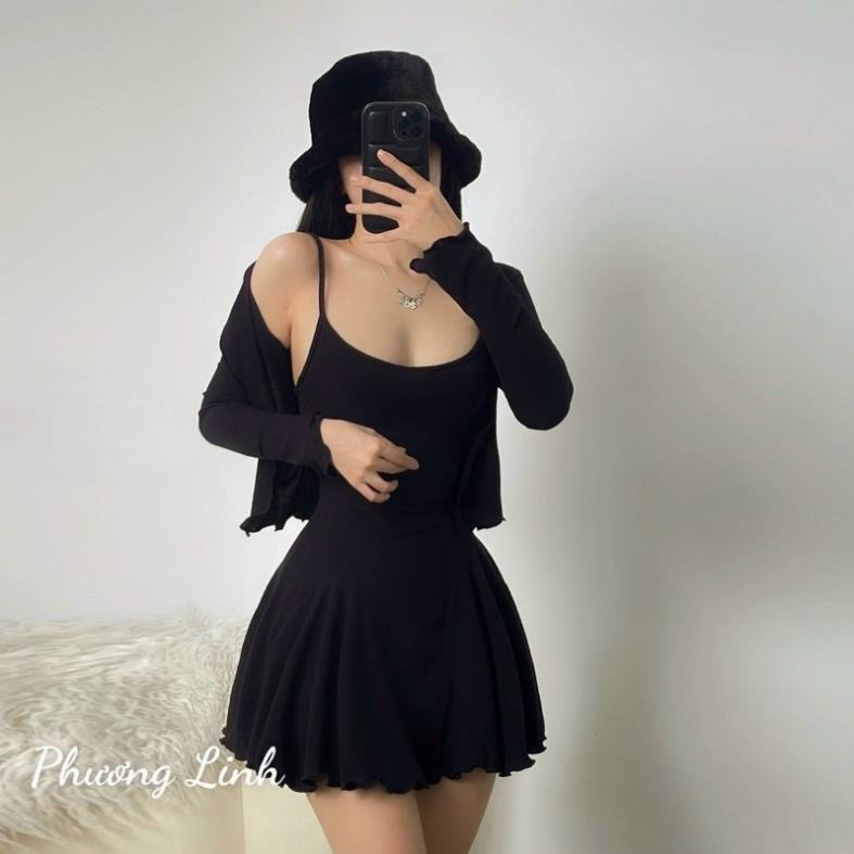 Đầm hai dây nữ dáng xòe kèm áo khoác tay dài chất thun gân siêu hot trend