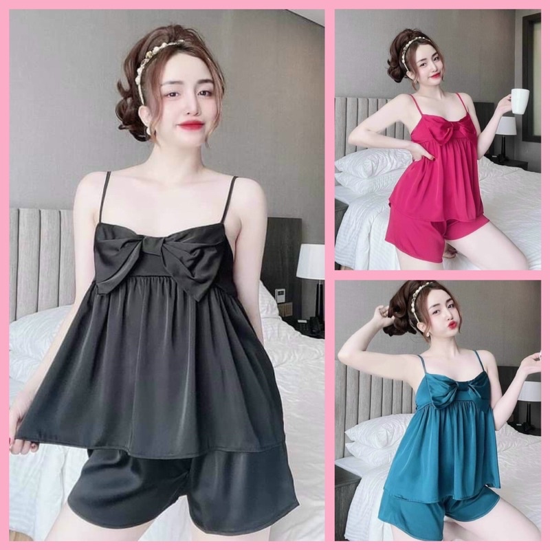 Đồ ngủ sexy nữ-Bộ ngủ sexy nơ nữ satin mềm mát (ảnh thật kèm video)