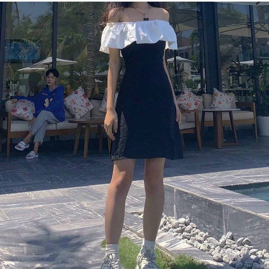 [có feedback]Đầm dự tiệc Đầm body chữ A đen hở vai, tay bồng tiểu thư bánh bèo Ulzzang HOT Váy Trễ Vai Phối Ngực Trắng🌸 | BigBuy360 - bigbuy360.vn