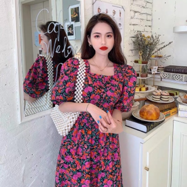 Váy đầm hoa nhí màu tím dáng xoè dài cổ vuông tay phồng thắt dây eo sang chảnh vintage đi tiệc du lịch