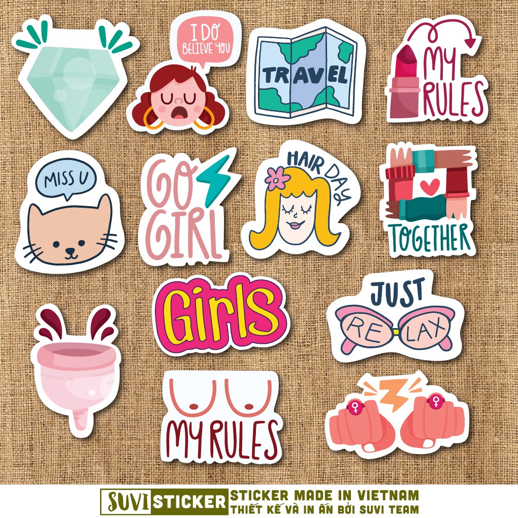 50 Sticker Cô Gái Cute chống nước sticker dán laptop, điện thoại, đàn guitar, mũ bảo hiểm, vali. MSP: Girl01