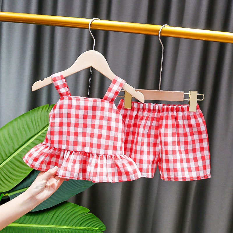 Bộ quần áo cộc bé gái họa tiết kẻ caro cotton mềm mát BC02 - BÉ NHÀ THỊ