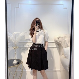 Sơ mi lụa cổ nơ viền đen