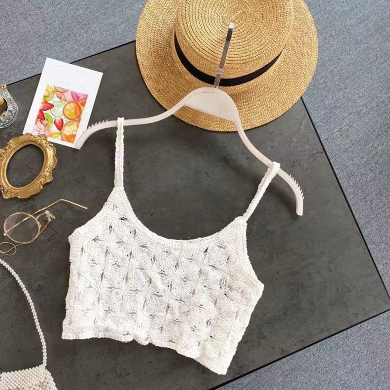 Áo kiểu croptop dệt kim khoét lỗ hai dây mảnh họa tiết kẻ ô hoa phong cách boho đi biển dành cho nữ