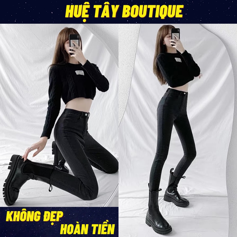 Quần jeans nữ, quần jeans lưng cao dáng ôm co dãn màu đen size S M L BASIC SKUQ-33