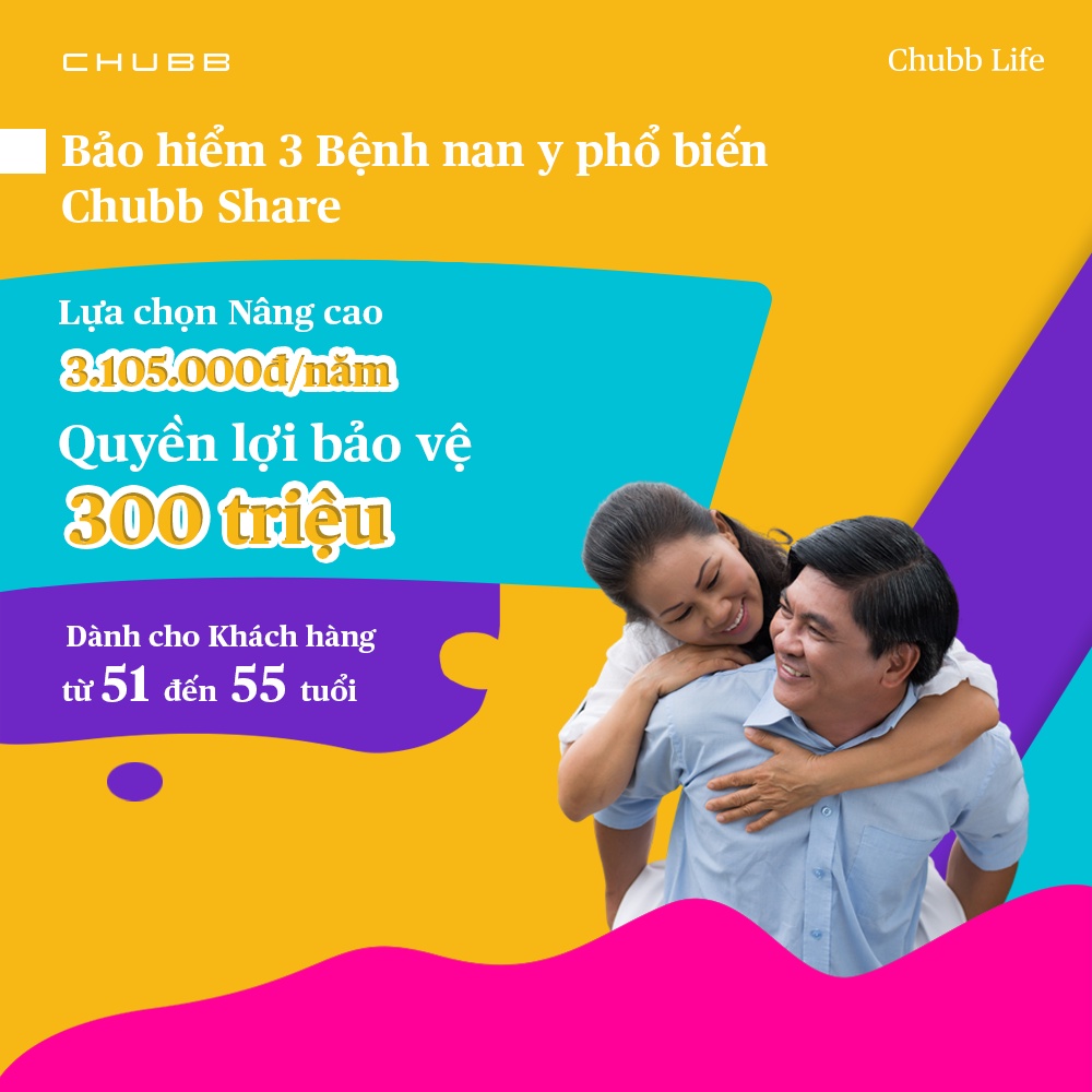 Chubb Life - Bảo Hiểm 3 Bệnh Nan Y Phổ Biến-Chubb Share-1 năm-Lựa Chọn Nâng Cao (Độ tuổi 51-55)