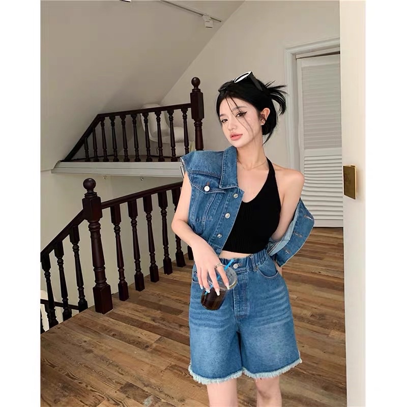 Áo khoác jean denim cộc tay bo chun croptop cá tính dành cho nữ