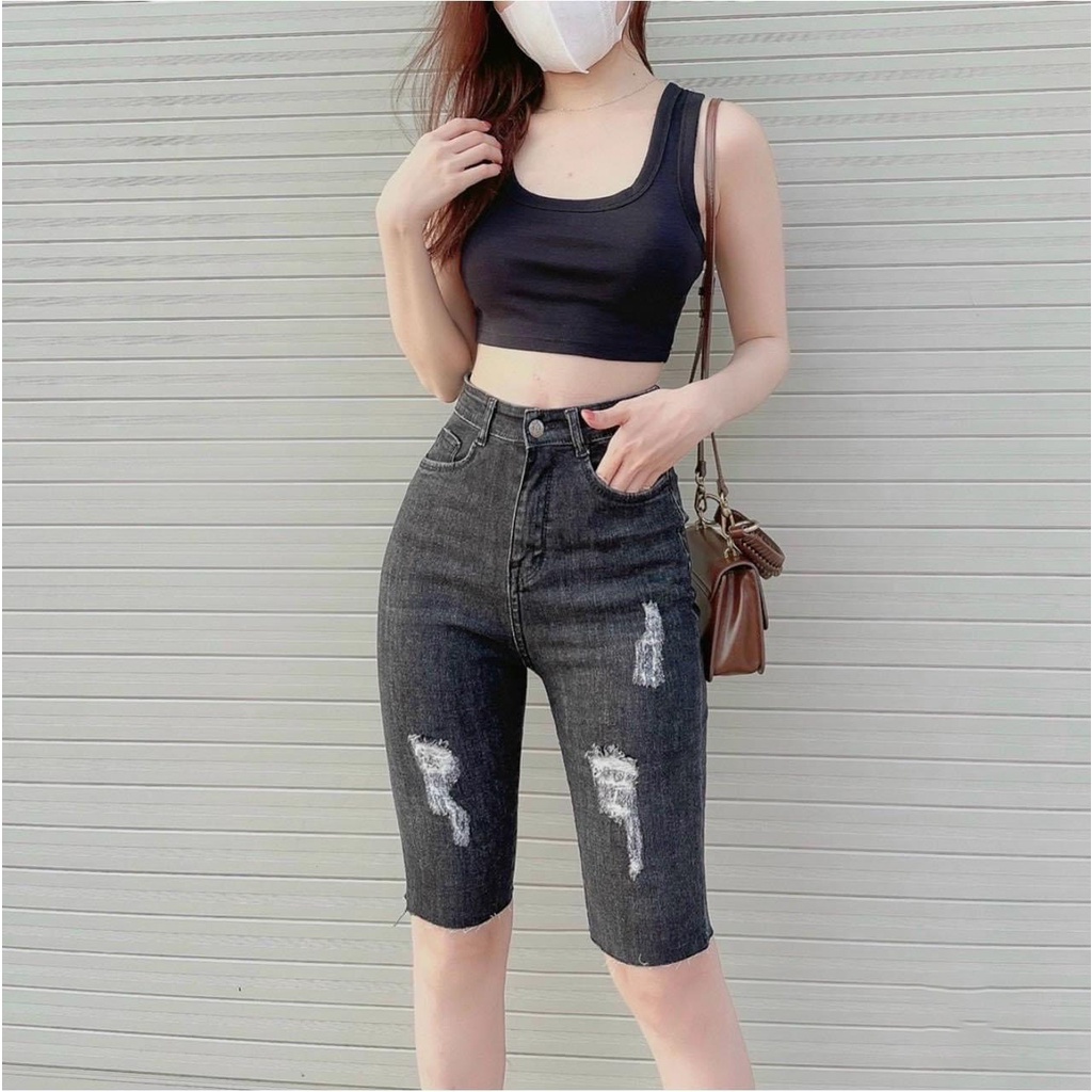 Quần jeans ngố dành cho BigSize Lưng cao, co dãn mạnh, màu xám lông chuột rách kiểu 4276 MLJ
