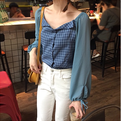Áo sơ mi BH tay dài cổ chữ V họa tiết caro phong cách Hàn Quốc thời trang cho nữ