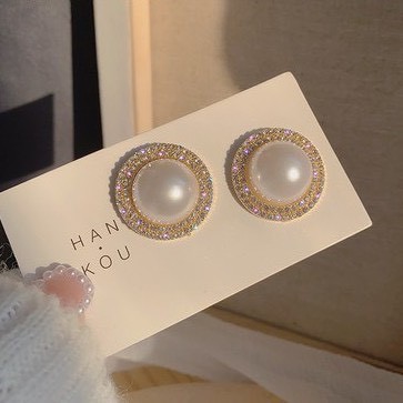 Khuyên tai tròn sát tai đá sang chảnh bông tai nữ ngọc trai tròn BT02