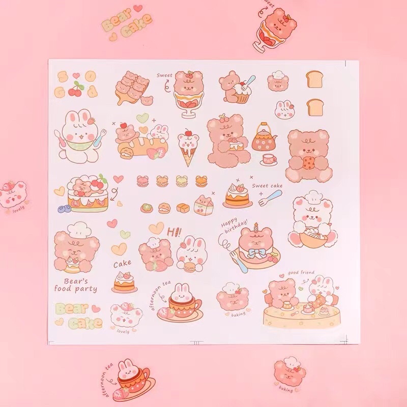 Set 140 tick dán hoạ tiết bear cake cute, tick dán túi giấy hộp nhựa xinh xắn