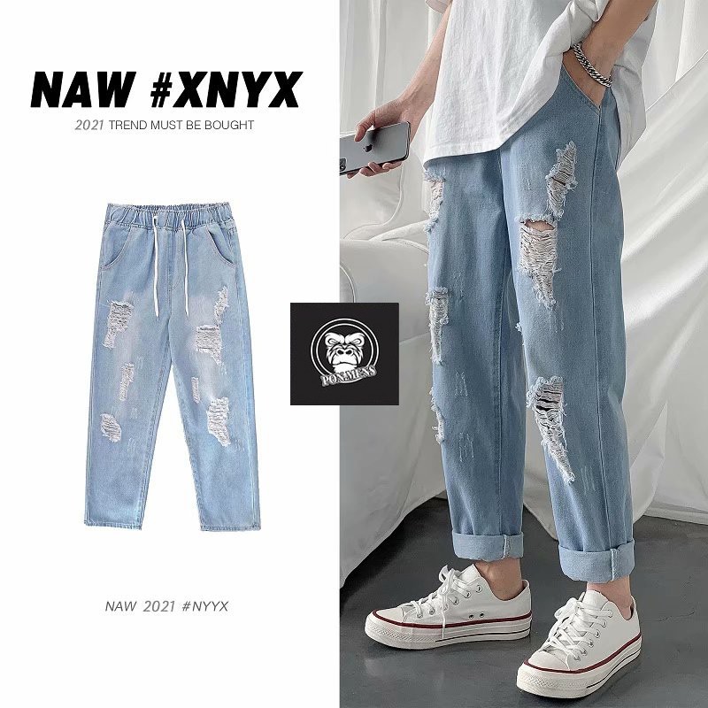 Quần jean baggy nam rách gối tả tơi trông bụi bặm 2021 Pon.mens