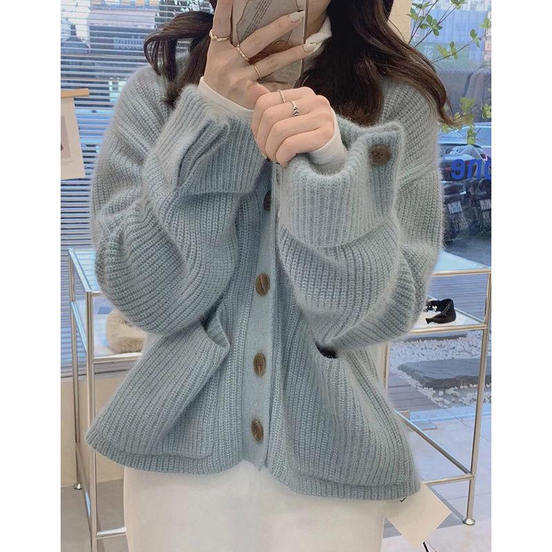 Mori Series First Love Milk Áo Khoác Cardigan Sweater Dệt Kim Mềm Màu Xanh Dương Sữa Cài Khuy Măng Sét Thiết Kế Túi Lớn Phong Cách Hàn