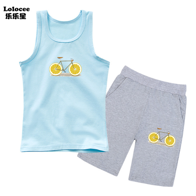 Trang phục dành cho bé trai Dễ thương Fruit Lemon Bike Tank Top và Quần đùi thun co giãn Bộ 2 chiếc Bộ trang phục Top Tank mùa hè