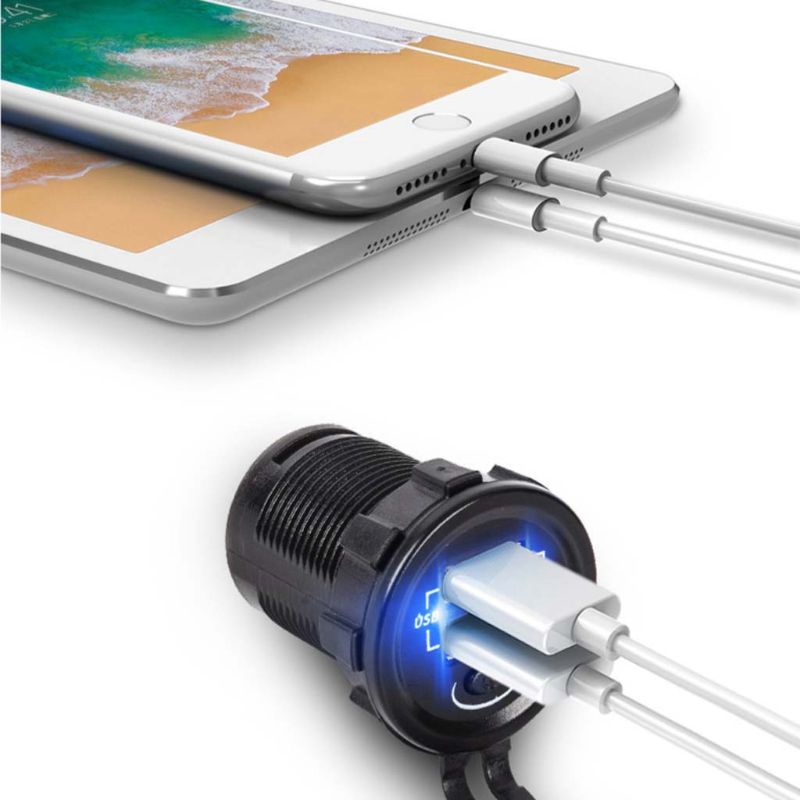 Bộ sạc điện thoại 12V 24V USB kép 5V 2.1A có công tắc bật/tắt cho xe hơi/xe máy/xe tải/tàu thuyền