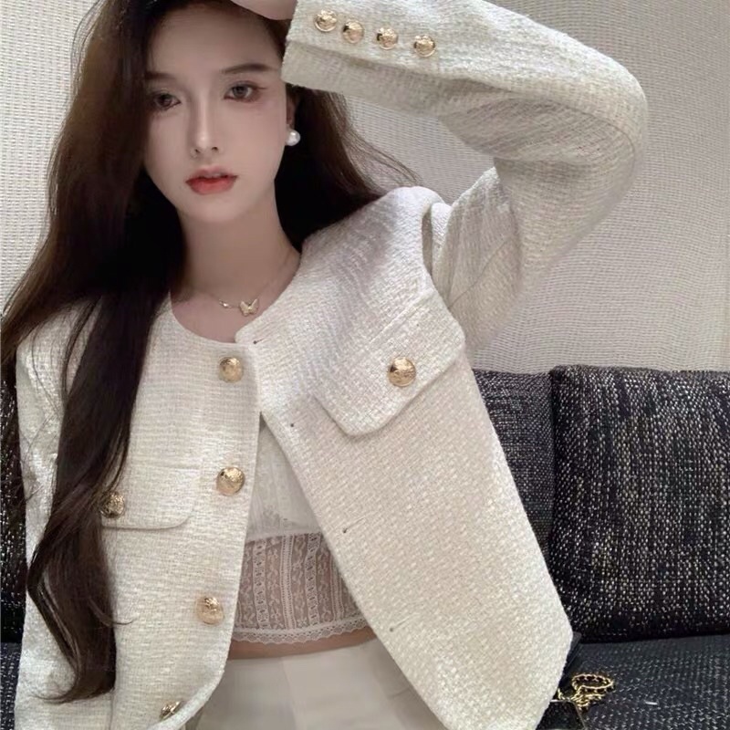 Áo dạ tweed cổ tròn thu đông dày dặn sang chảnh Hàn quốc(kèm ảnh thật)